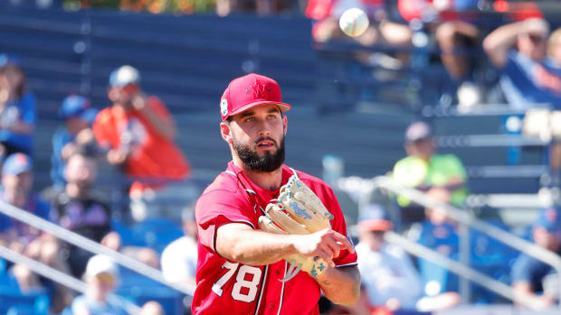 Washington Nationals pitcher Tommy Romero throws the ball to first base during the fourth inning against the New York Mets at Clover Park. (2023)